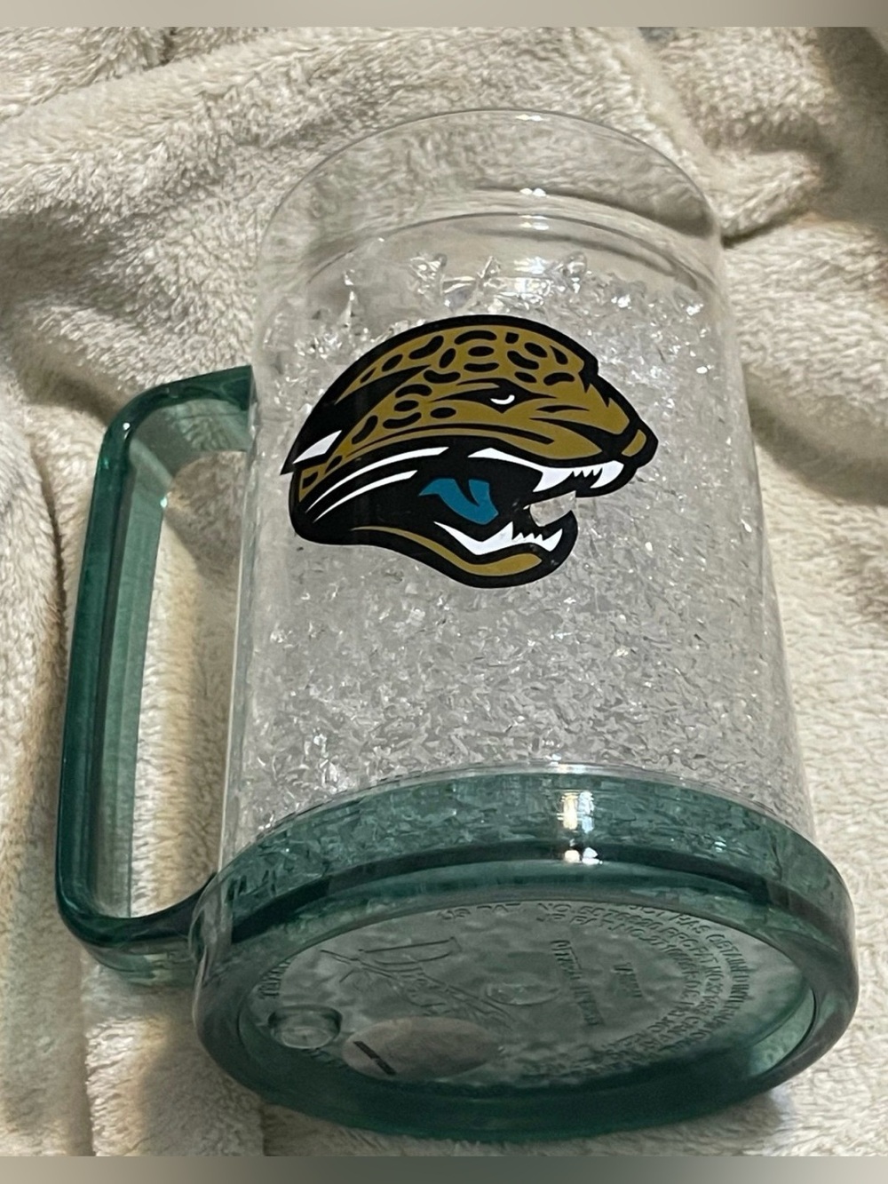 NFL Jaguars Clear Ice Crush Glass Mug with Teal Handle and Gold Logo